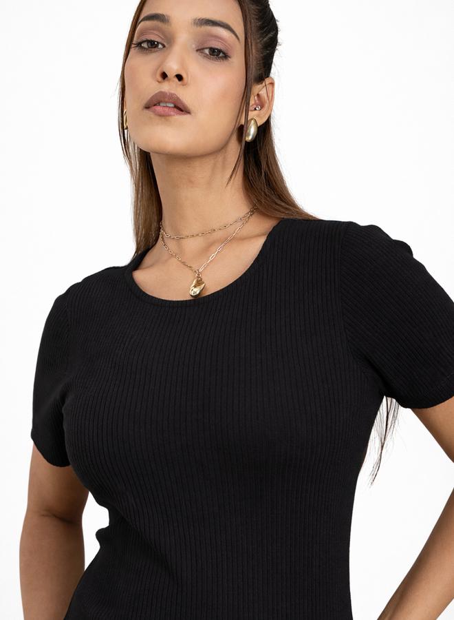 WineRed فستان ضيق نسائي أسود بأكمام قصيرة، مقسوم من الجانب، بسحاب أمامي - Image 2